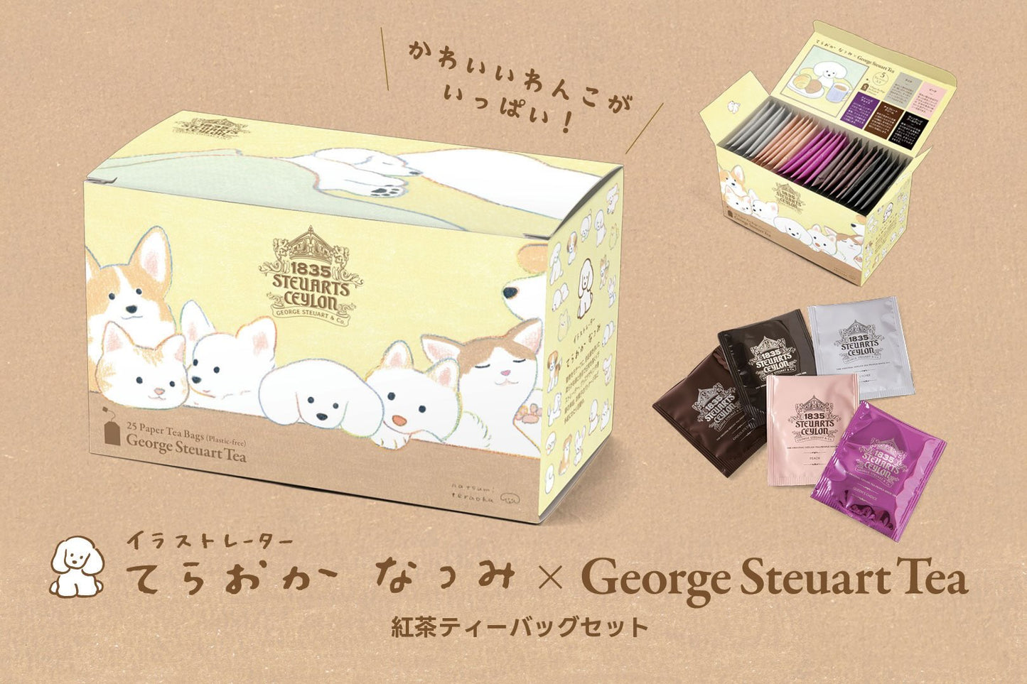 【犬の限定イラスト】ティーバッグ5種セット<ミニシール付き>×てらおかなつみ 【紙箱入り紅茶】